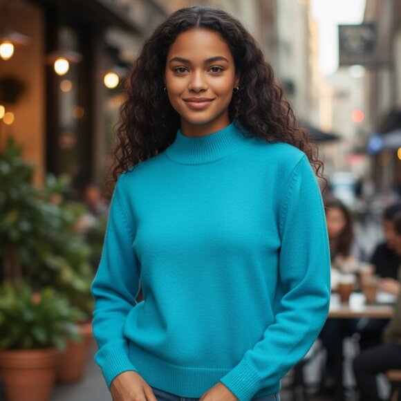 Vintage 80's Robins Egg Blue Angora Fuzzy Soft Mock Neck Sweater Size Medium - Picture 1 of 7